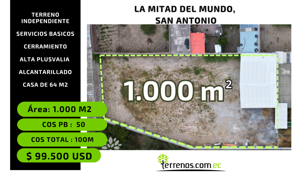 Terreno en venta de 1000 m2 en San Antonio, La Mitad del Mundo