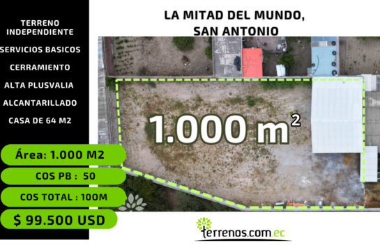 Terreno en venta de 1000 m2 en San Antonio, La Mitad del Mundo