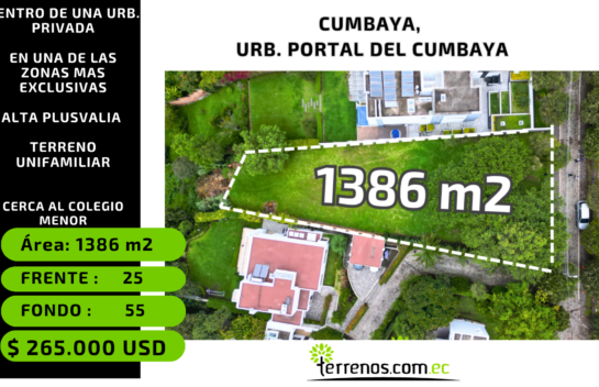 Terreno de venta 1.386 m2 en Cumbayá cerca al parque de Cumbayá