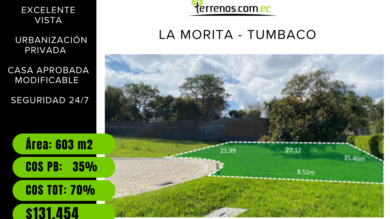 Terreno de 603m2 de venta la Urb. Vista Sol en la Morita, Tumbaco