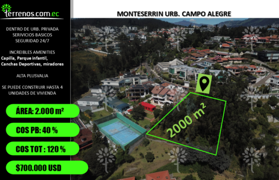 Terreno de venta Monteserrín 2.000 m² dentro de la Urbanización Campo Alegre