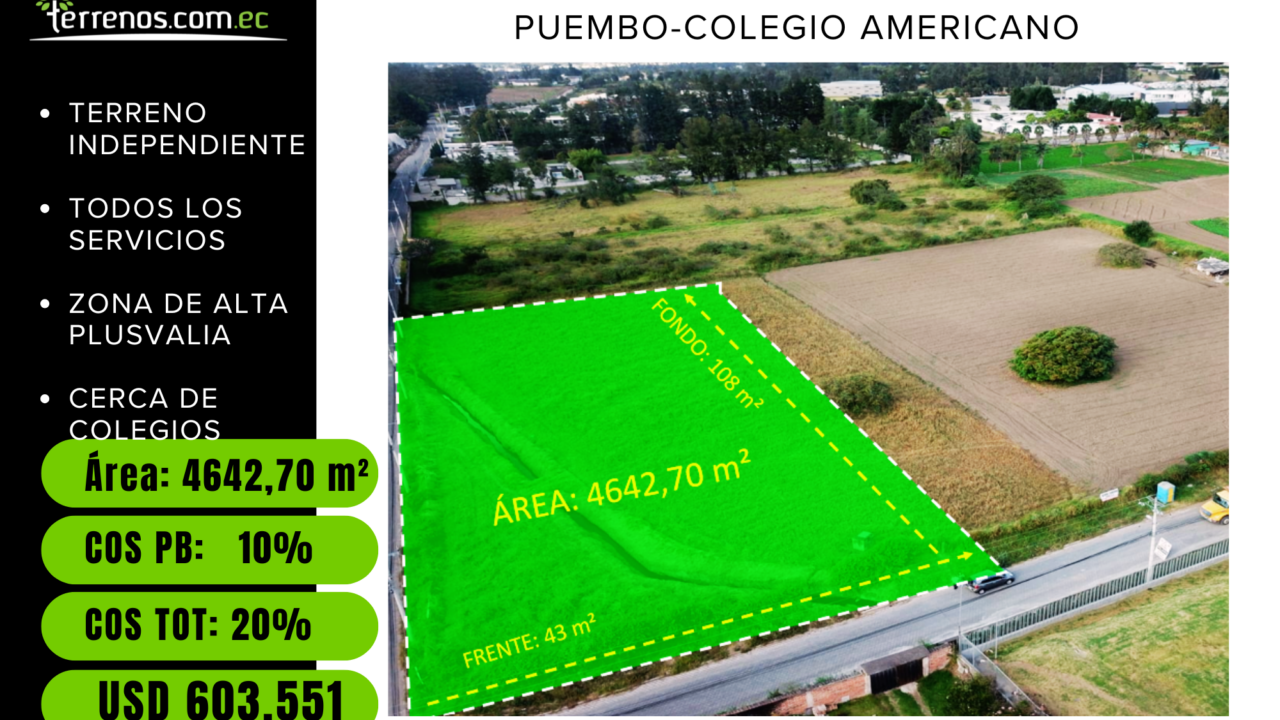 Terreno en venta Puembo, 4642m², sector colegio Americano